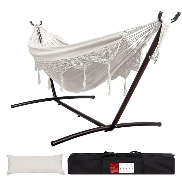 Lazy Daze Hammocks 9FT Double Hammock with Sturdy Steel Stand and Durable Fabric, Camping Lace Hammocks Include Portable Carrying Case, 450 LBS Capacity