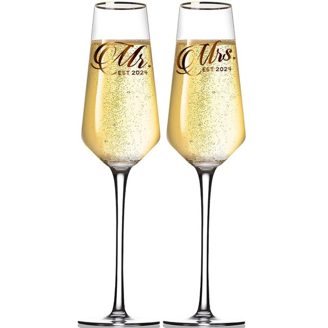 comfit Bridal Shower Gift,Mr and Mrs Champagne Flutes, Hand Blown Wedding Toasting Flutes for Bride and Groom, Long Stem Wedding Champagne Flutes 2024 for Wedding，Engagement，Anniversary 8.5oz