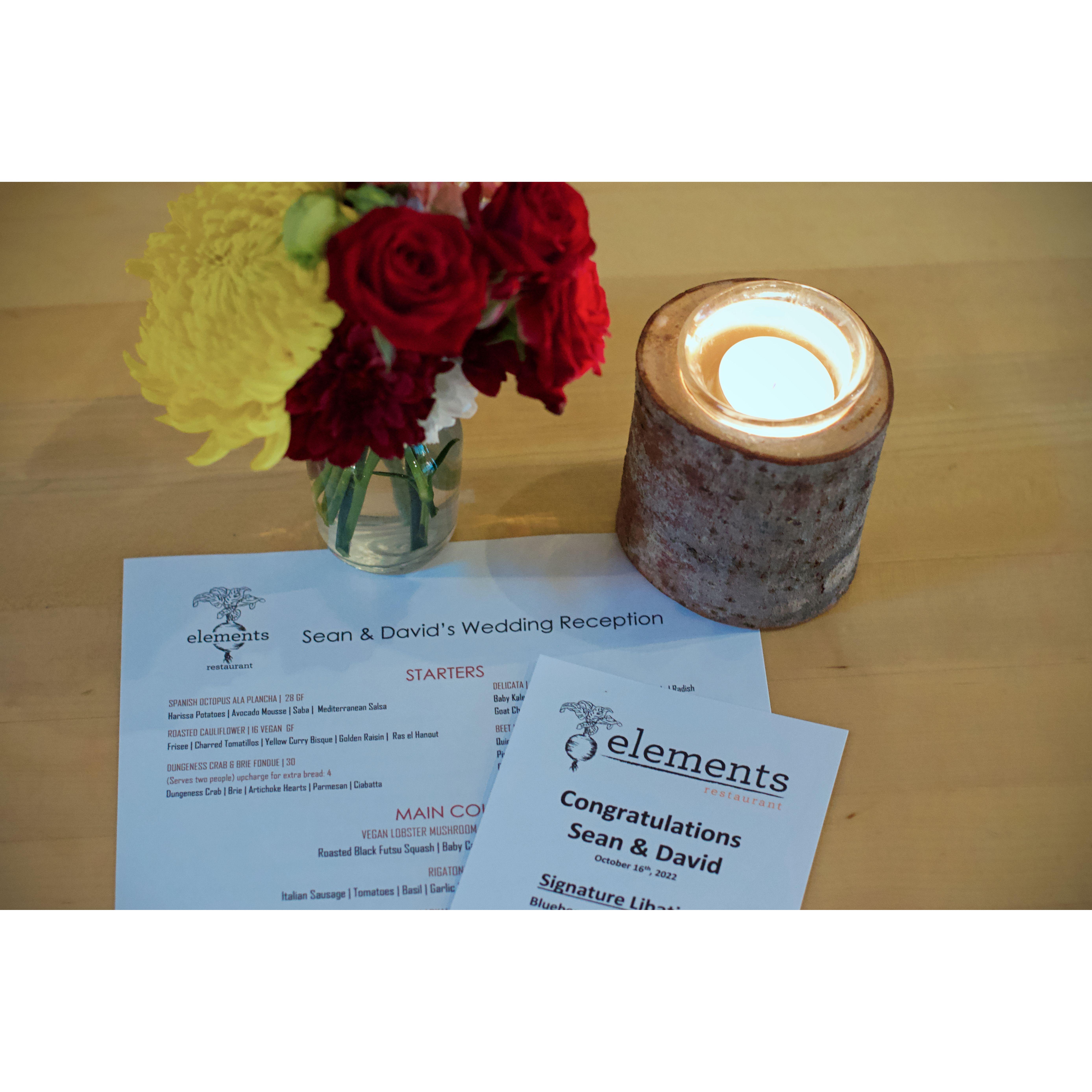 We held our reception at Elements restaurant in Vancouver. Since the restaurant is regularly adorned with fresh plants, flowers, and local art, we needed no additional decorations.