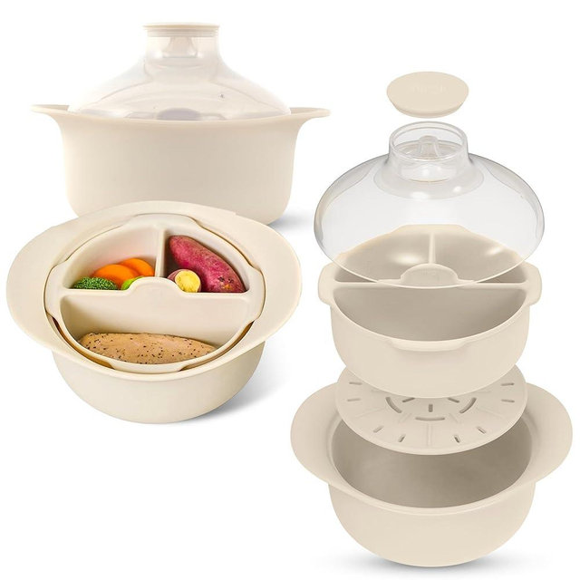FIRGI 48oz Platinum Silicone 3 Compartmented Microwave Steamer Pot with Handle & Lid - Korean 100% Food-Grade Steamer Bowl, Heat-Resistant Cooker with Steam Holes, Easy Clean, Dishwasher Safe, Ivory