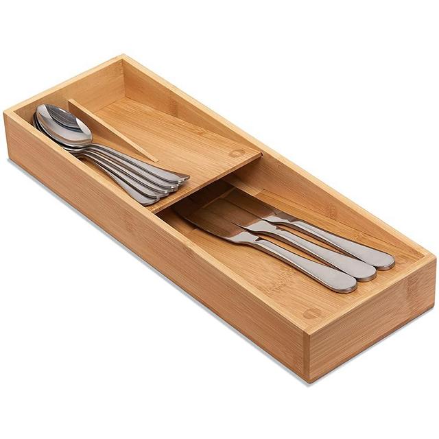 Bamboo Silverware Drawer Organizer,guiogc Kitchen Cutlery Tray,Utensil Holder for Spoons, Forks, Knives in Kitchen