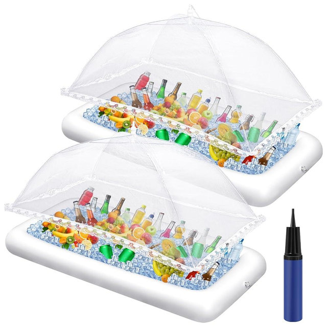 Leitee Inflatable Serving Bar Kit Includes Salad Buffet Tray with Drain Plug Mesh Food Cover Food Drink Containers and Inflator for Ice Supplies Summer Party Camping Picnic(White)