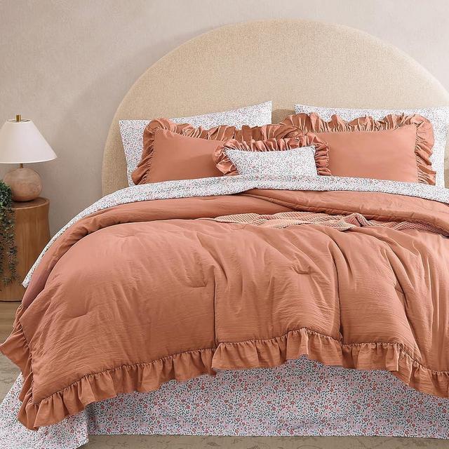 BLOOMHAVEN Queen Comforter Set - 7 Pieces Ruffle Autumn Leaf Bedding Sets, Shabby Chic Farmhouse Bed in a Bag Queen with Ruffle Comforter, Floral Sheets, Pillowcases & Shams
