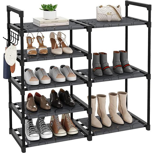 CSXGBAB Closet Shoe Rack, Shoe Racks for Bedroom Closet, Sturdiness Show Rack, Shoe Rack for Entryway Easy Assemble, Shoe Rack for Closet, Shoe Stand with Versatile Hooks, 5 Tier Shoe Shelf for Closet