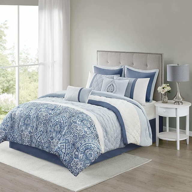 510 DESIGN Luxe Quilted Comforter Set Modern Transitional Design, All Season Down Alternative Warm Bedding Matching Shams, Bedskirt, Decorative Pillow, King, Shawnee Scrollwork Blue