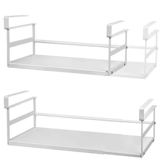 Under Shelf Storage Basket Expandable Organizer, 2 Pack Hanging Baskets Under Cabinet Shelf, Add-on Space Saver Pantry Kitchen Cupboard Desk Counter Bookshelf, Heavy-Duty Slide-in White Large