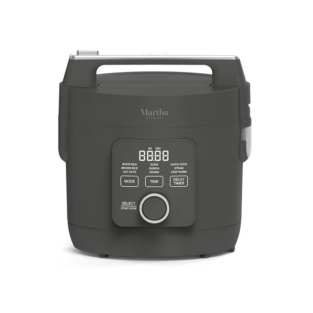 Martha Stewart Rice Cooker, 4 Cup (Uncooked) / 8 Cup (Cooked), Ceramic Non-Stick Removable Pot, Keep Warm, Measure Markings, Steam Basket, Brown & Sushi Rice, Quick Cook, Quinoa, Grains, Oats, Caviar Gray