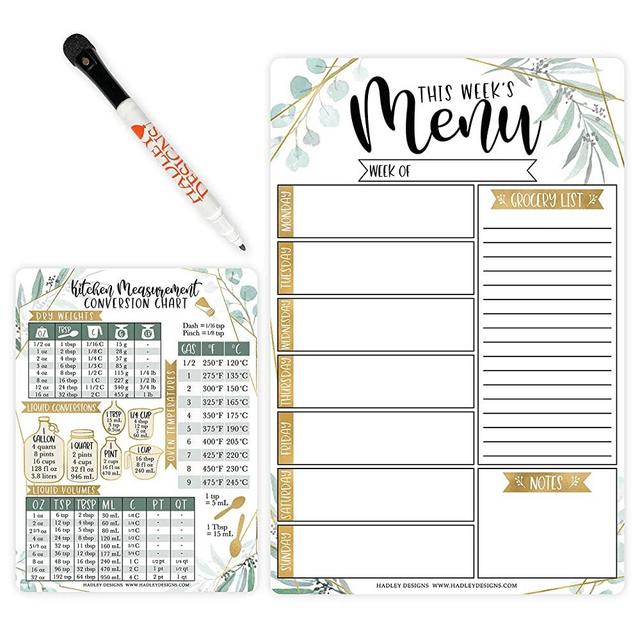 Magnetic Meal Planner for Refrigerator - Greenery Magnetic Weekly Menu Board for Kitchen Conversion Chart Magnet, Weekly Meal Planner Dry Erase Board for Refrigerator, Magnetic Menu Board for Fridge
