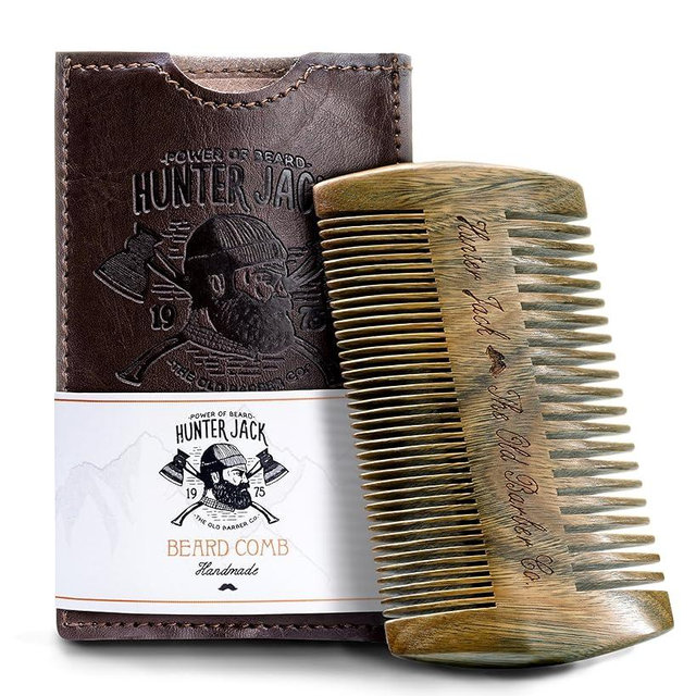 Sandalwood Beard Comb for Men - Handmade Premium Wooden Beard & Mustache Comb - Fine & Wide Tooth - Travel Pocket Size - Beard Grooming Kit for Men in PU Leather Case by Hunter Jack