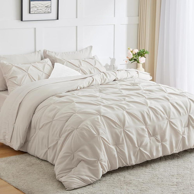 HIMEET- Beige Comforter Set Queen 7 Pieces Pintuck Breathable Cream Comforter (88"x88") Off White Bedding Pinch Pleated Bed in a Bag Queen Size Bed Set Apricot Bedding with Sheets,Pillowcases&Shams