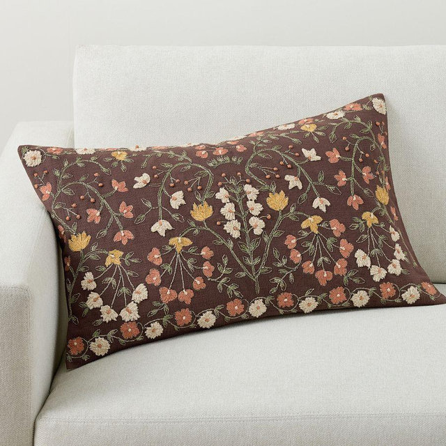 Zea Embroidered Lumbar Pillow, 16 x 26", Plum
