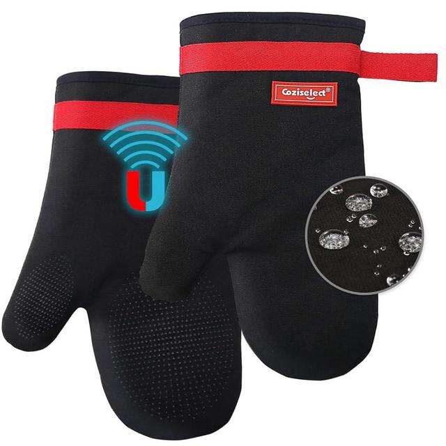 Coziselect Oven Mitts Sets, 500 Degree Heat Heat Resistant Gloves with Anti-Slip Silicone and Magnetic Hang Design, Suitable for Cooking, Baking, Grilling, Black