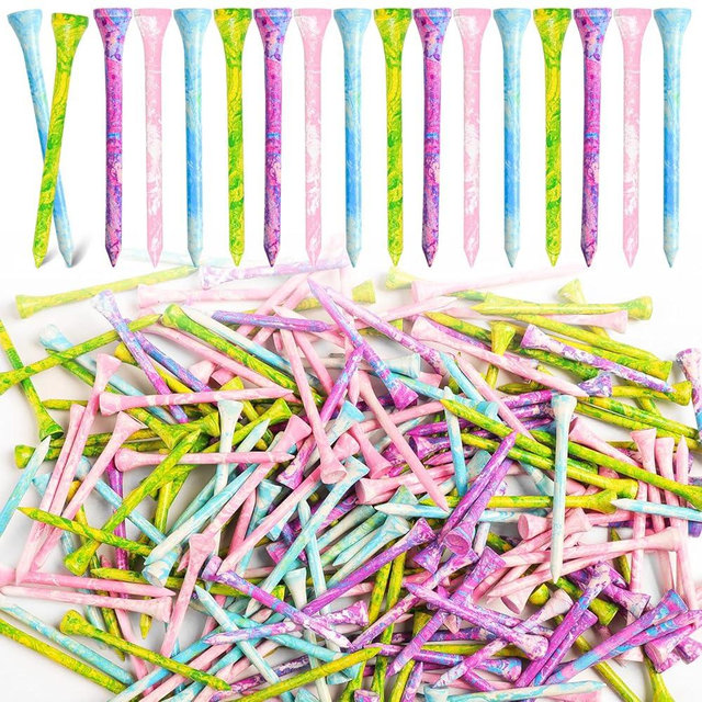 Amy Sport Golf Tees Styllish Bamboo Wooden Coloured Painted Bulk 200 Pack 1 1/2 3 1/4 2 3/4 Inch Tee, Enhanced Visibility Color Purple Pink Green Blue, Practice for Men Women