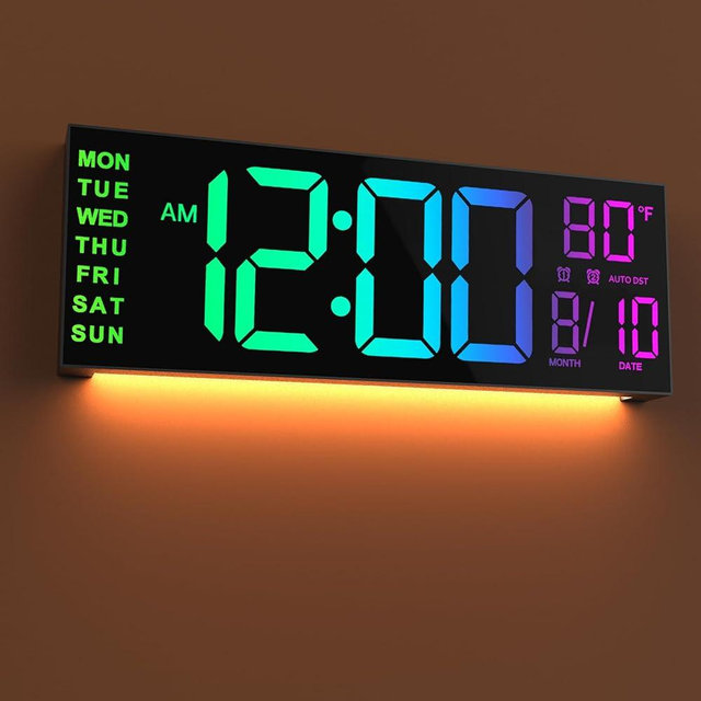 JALL 16" Large Digital Wall Clock with Remote Control, Dual Alarm with Big LED Screen Dispaly, 8 RGB Colors, Auto DST, for Living Room, Bedroom, Decor, Gift for Elderly (Black, 16 inches)