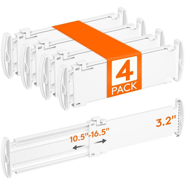 Lifewit Drawer Dividers for Clothes, 3.2" Tall 10.5"-16.5" Expandable Dresser Drawer Organizers, Adjustable White Plastic Separators for Kitchen, Cabinet, Nursery, Socks & Underwear Storage, 4 Pack