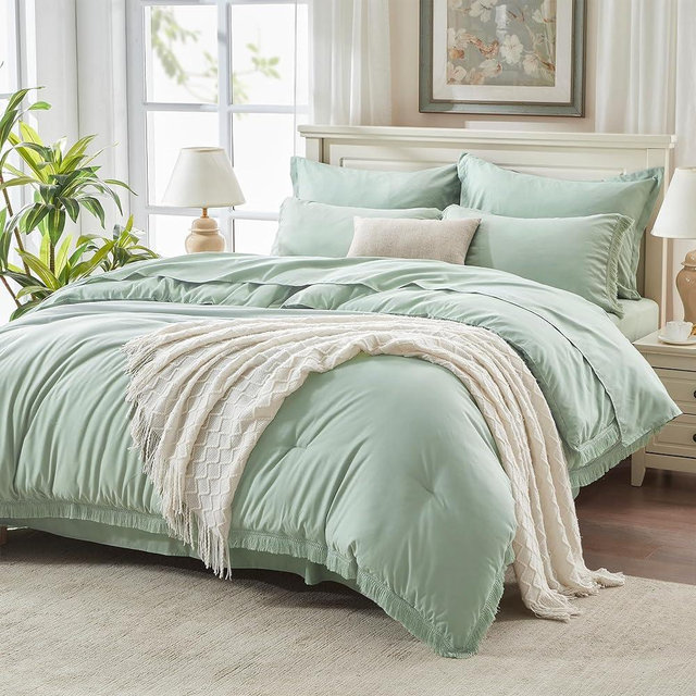 Andency Sage Green Comforter Set King Size with Sheets -7 Pieces Boho Tassel Bed in a Bag Soft Lightweight Bedding Sets, All Season Fringe Bed Set with Comforter, Sheets, Pillowcases & Shams