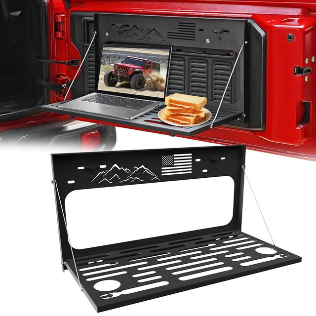 Tailgate Table Fit for Wrangler, Stainless Steel Black Rear Foldable Shelf for Jeep Wrangler JK JKU JL JLU 2007-2024 2/4 Door, Support up to 75lb Storage Cargo Luggage Holder Carrier