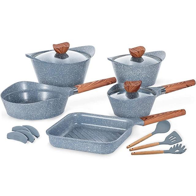 Nonstick Cookware Set Dishwasher Safe 100% PFOA Free Aluminum Induction Pots and Pans Set with Cooking Utensils- 15 - Piece - Grey