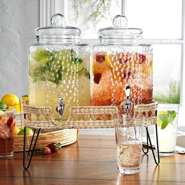 MosJos Glass Drink Dispenser with Stand, 2.75 Gallon, Hammered Glass, Leak Proof Spigot, Clear, Classic Style, for Parties, Weddings, Picnics