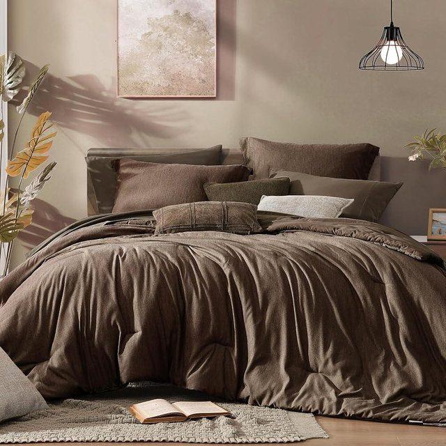 Monbix Queen Comforter Set - 7 Pieces Cationic Dyeing Chocolate Brown Bed in a Bag Queen Bedding Sets with Comforter, Sheets, Pillowcases & Shams, Reversible Bedding Comforters Sets