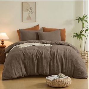 Simple&Opulence Linen Muslin Duvet Cover Set Queen Size, 3Pcs Brown Linen Cotton 3-Layer Gauze Minimalist Comforter Cover 88”x92”, Ultra Soft Breathable Seersucker Bedding Set with 2 Pillowcases