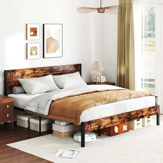 Costway King Bed Frame with Tall Industrial Headboard Heavy-Duty Metal Slats Support Brown