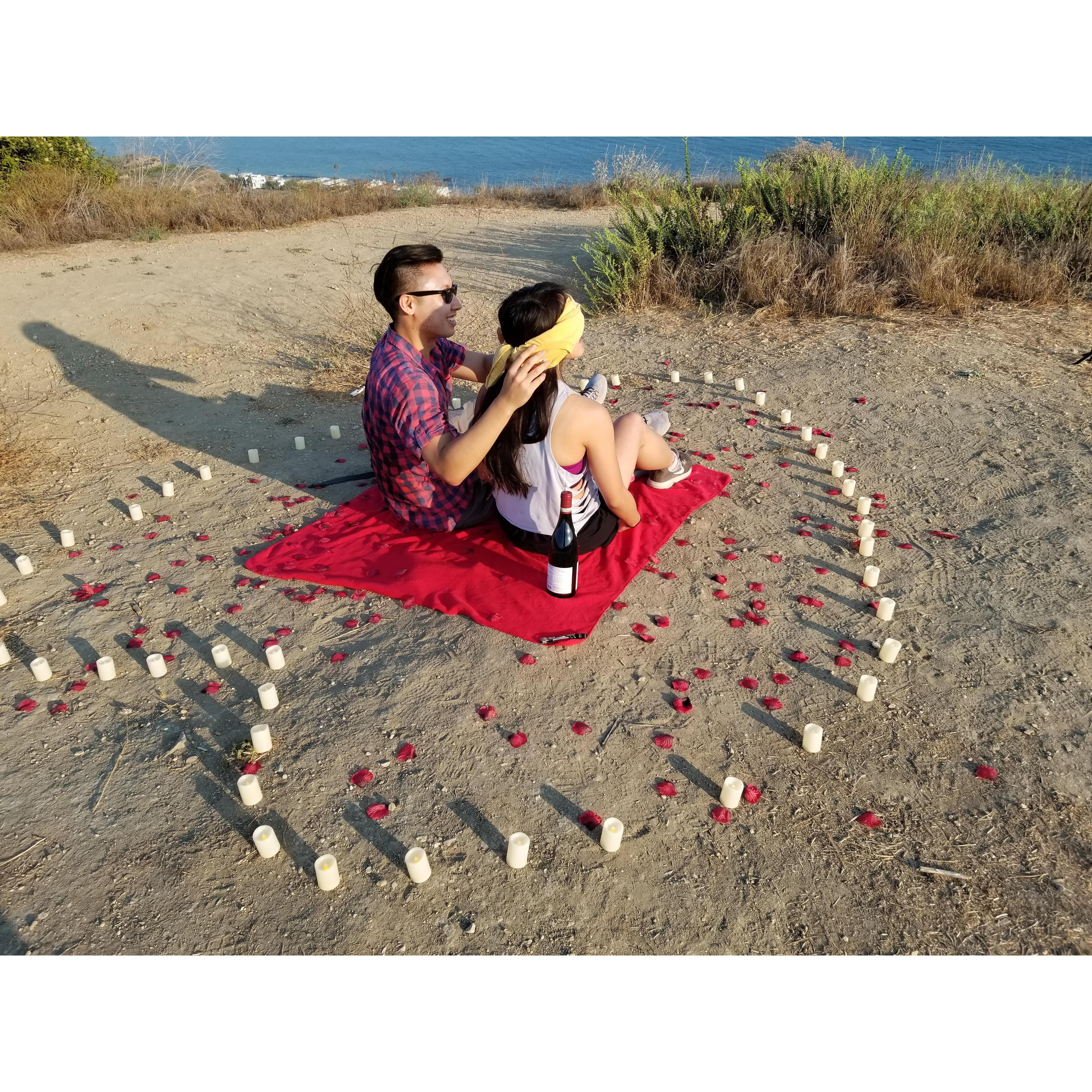 At the proposal site. Corral Canyon Trail in Malibu. Allison is so surprised!