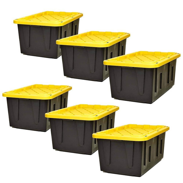 HOMZ Durabilt 15-Gallon Storage Tote with Flip Lid, Heavy-Duty Storage Bin with Snap-on Lid, Black and Yellow, 6 Pack