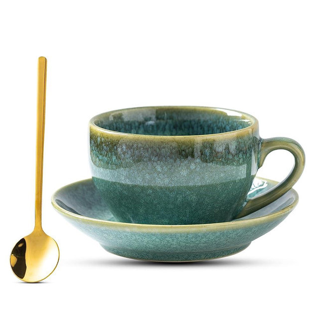 Tvvtuww Porcelain Coffee Cup with Saucer Spoon, Vintage Design Ceramic Latte Art Cappuccino Barista Espresso Tea Cup with Saucer (11.6 oz, 350ml, Crystal Green)