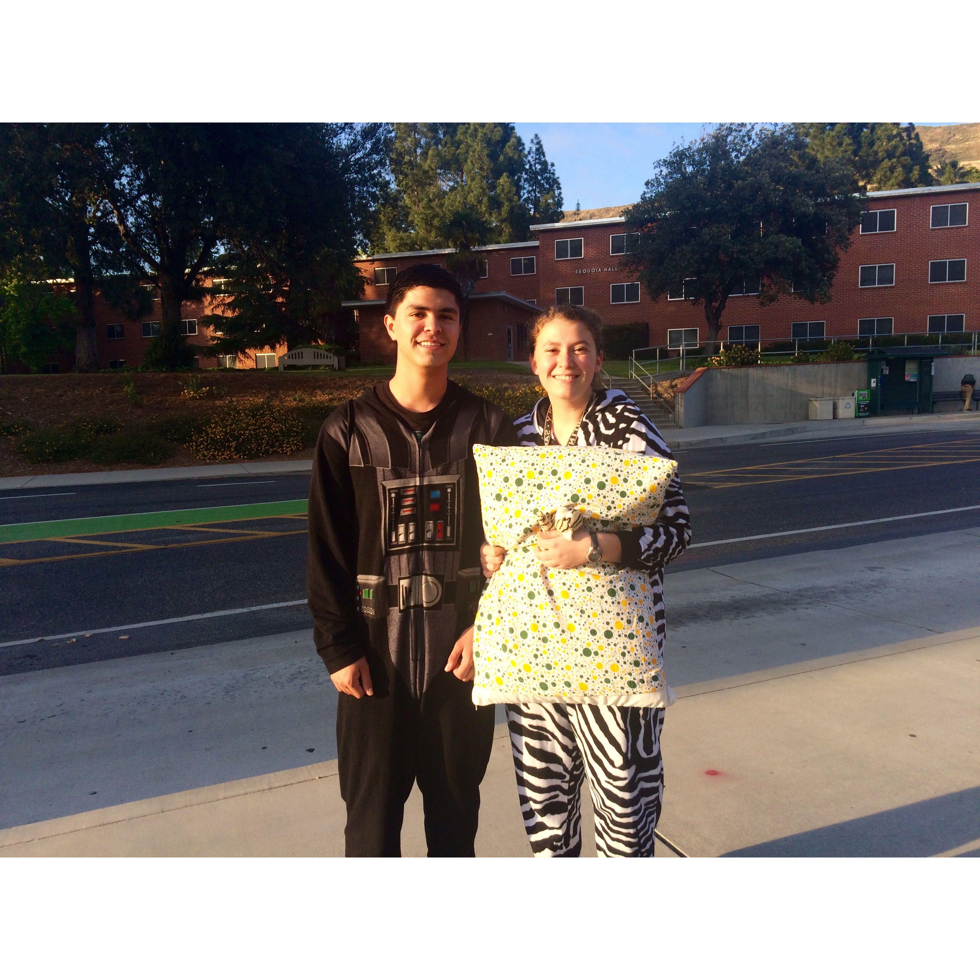 We started dating during training as WOW (week of welcome) leaders for incoming freshman at Cal Poly. The dress code theme for the day's training was PJs.