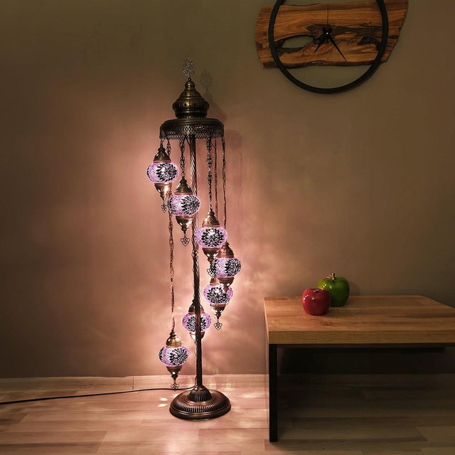 Asylove Turkish Floor Lamp, Mosaic Turkish Lamp, 7 GlobeFloor Lighting Standing Decorative Home Modern Designs Offer Handmade Glass 5 inch Globe - Total Dimensions 18 x 18 x 60 inch (Purple)