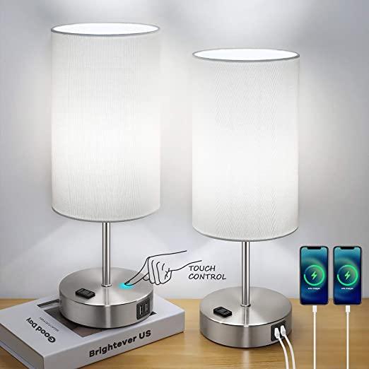 Set of 2 Touch Control Table Lamps with 2 USB Charging Ports LED Bulbs Included