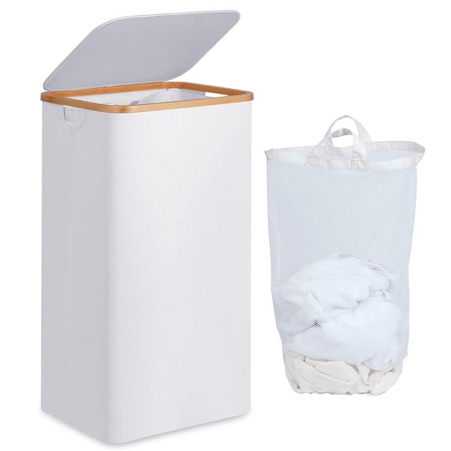 efluky Laundry Basket with Lid and Removable Bag, 100L Tall Laundry Hamper with Bamboo Handles, Aesthetic Dirty Clothes Bin for Laundry Room, Bathroom, Bedroom and Dorm, White