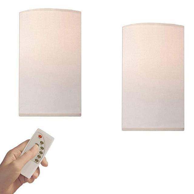 Kiven Wireless Battery Operated Wall Sconce with Remote, 11.8 Inches Height Fabric Wall Lamp with 3 Lighting Modes, Dimmable Display Lamp with Timer for Bedroom Bathroom Hallway,White，2 Pack