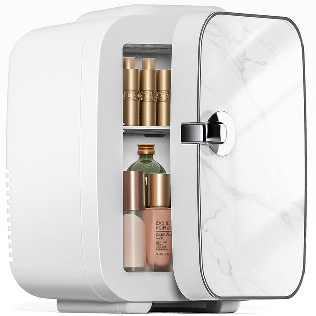 Sweetcrispy Mini Portable Small Refrigerator 4L/6 Can Cooler & Warmer Compact Fridge for Skincare, Marble Ivory