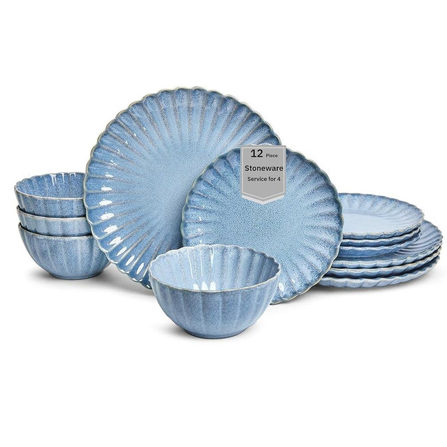Sango Frill 12-Piece Casual Reactive Blue Dinnerware Set – Service for 4, Made of Durable Stoneware, Microwave & Dishwasher Safe, Chip Resistant for Everyday Dining & Entertainment