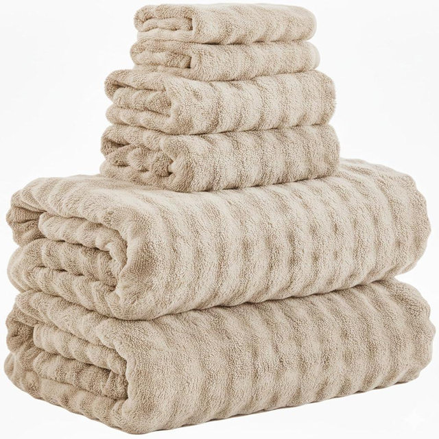 KBY Bath Towels Set 6 Piece 40x80 Inches，2 Extra Large Bath Sheets 2 Hand Towels 2 Washcloths，Highly Absorbent Quick Dry Microfiber,Ultra Soft Towel Set for Bathroom，Spa，Gym， Hotel (Beige)
