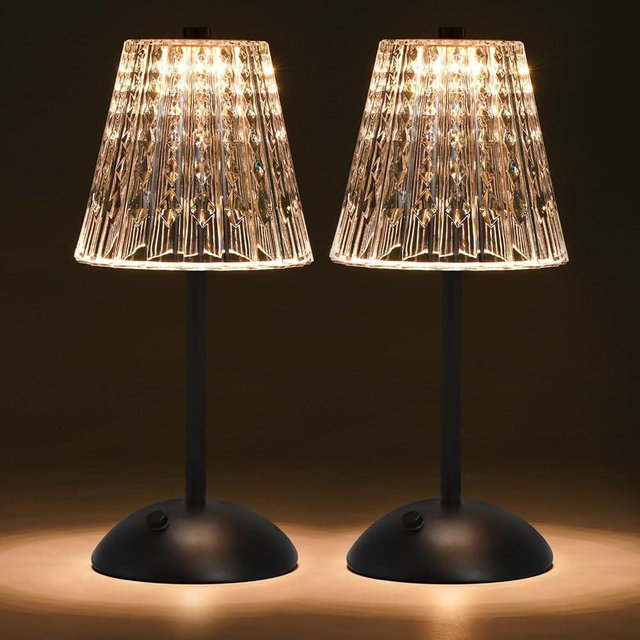 Nusogon Cordless Touch Table Lamp, 3500mAh Rechargeable Small Dask Lamp, 3 Colors Dimmable Battery Operated Crysta Lamp for Bedroom Restaurant Kitchen Home Decor, Black, 2pcs