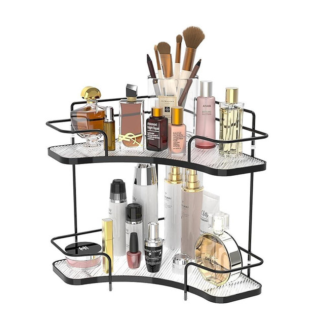 FOLLOWIN 2 Tier Bathroom Counter Organizer,Countertop Storage Perfume Tray,Vanity Counter Shelf,Bathroom Countertop Organizer,Skincare Makeup Cosmetic Vanity Organizers,Elegant Black