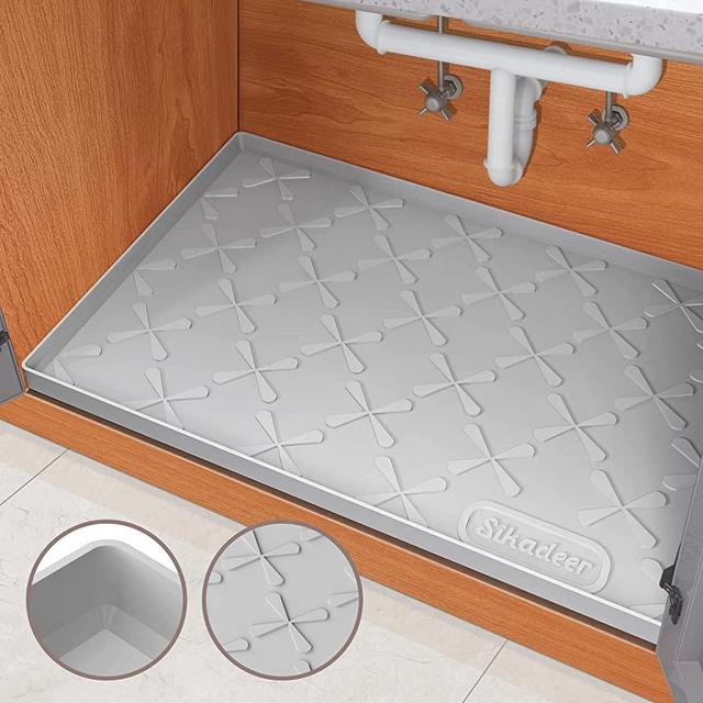 SIKADEER Under Sink Mat for Kitchen Waterproof, 34" x 22" Silicone Under Sink Liner, Hold up to 3.3 Gallons Liquid, Kitchen Bathroom Cabinet Mat and Protector for Drips Leaks Spills Tray (Grey)