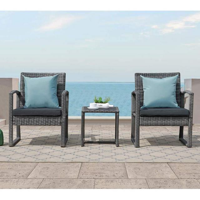 Patiorama 3 Pieces Outdoor Patio Furniture Set, Outdoor Wicker Conversation Set, Patio Rattan Chair Set, Modern Bistro Set with Coffee Table, Garden Balcony Backyard Poolside (Dark Grey)