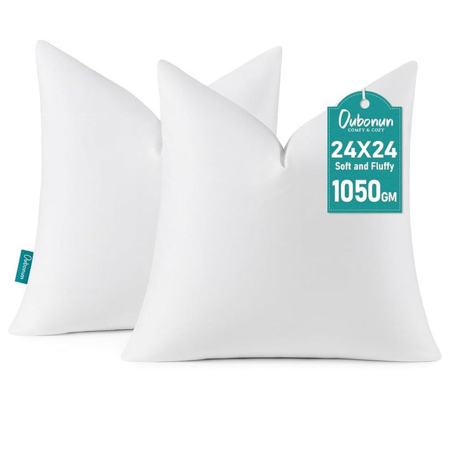 Oubonun 24 x 24 Down Feather Throw Pillow Inserts - Fluffy and Plush Odor-Free Fill - 100% Breathable Cotton Fabric for Couch Sofa Bed, White, Pack of 2