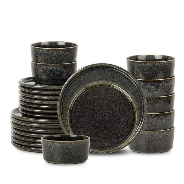 Stone Lain Eden 24-Piece Dinnerware Set Stoneware, Plates and Bowls Set, Dishwasher and Microwave Safe Dish, Dish Set for 8, Charcoal Grey