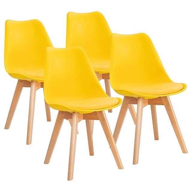 Furniwell Dining Chairs Mid Century Modern DSW Chair Upholstered Side Kitchen Chairs with Wood Leg and Soft Padded Cushion Shell Tulip Chairs For Kitchen, Dining, Bedroom, Living Room Set of 4(Yellow)