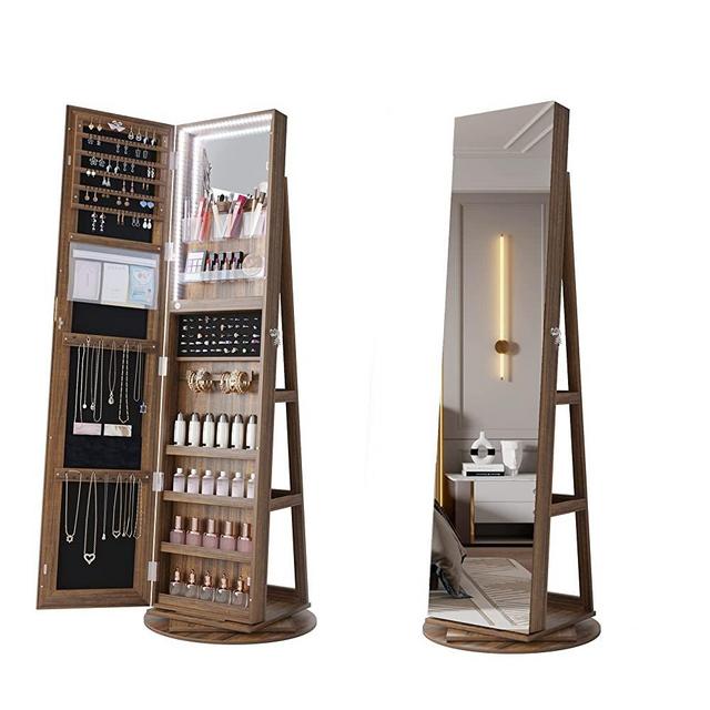 HNEBC LED Light Jewelry Organizer Mirror 360° Rotating, Jewelry Armoire with Door Mirror, Full Length Mirror Jewelry Cabinet, Mirror with Jewelry Storage, Large Jewelry Boxes & Organizers（A_Light Brown）