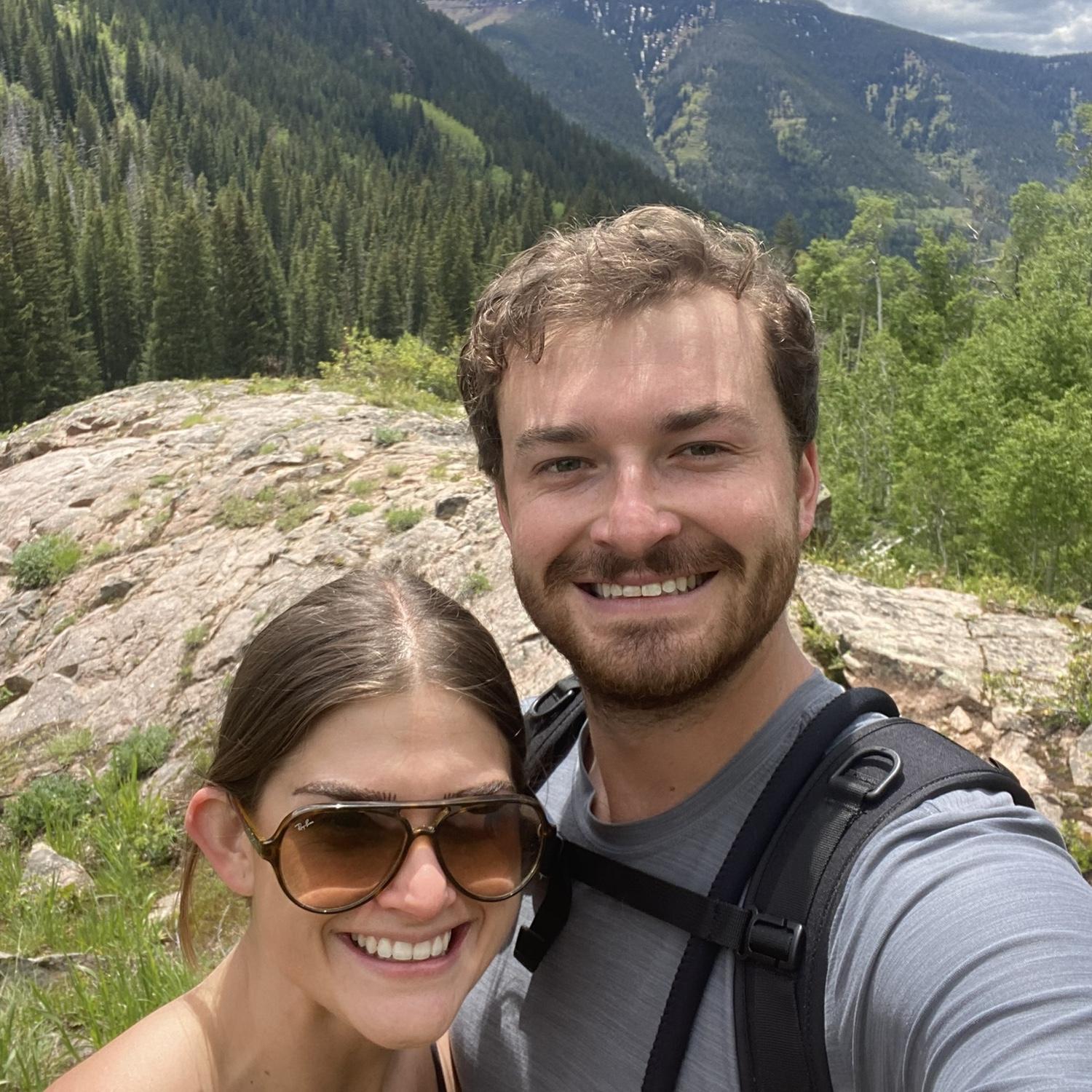 On a hike in Vail. Shortly after we took this photo, our dog, Peach, chased after a black bear.