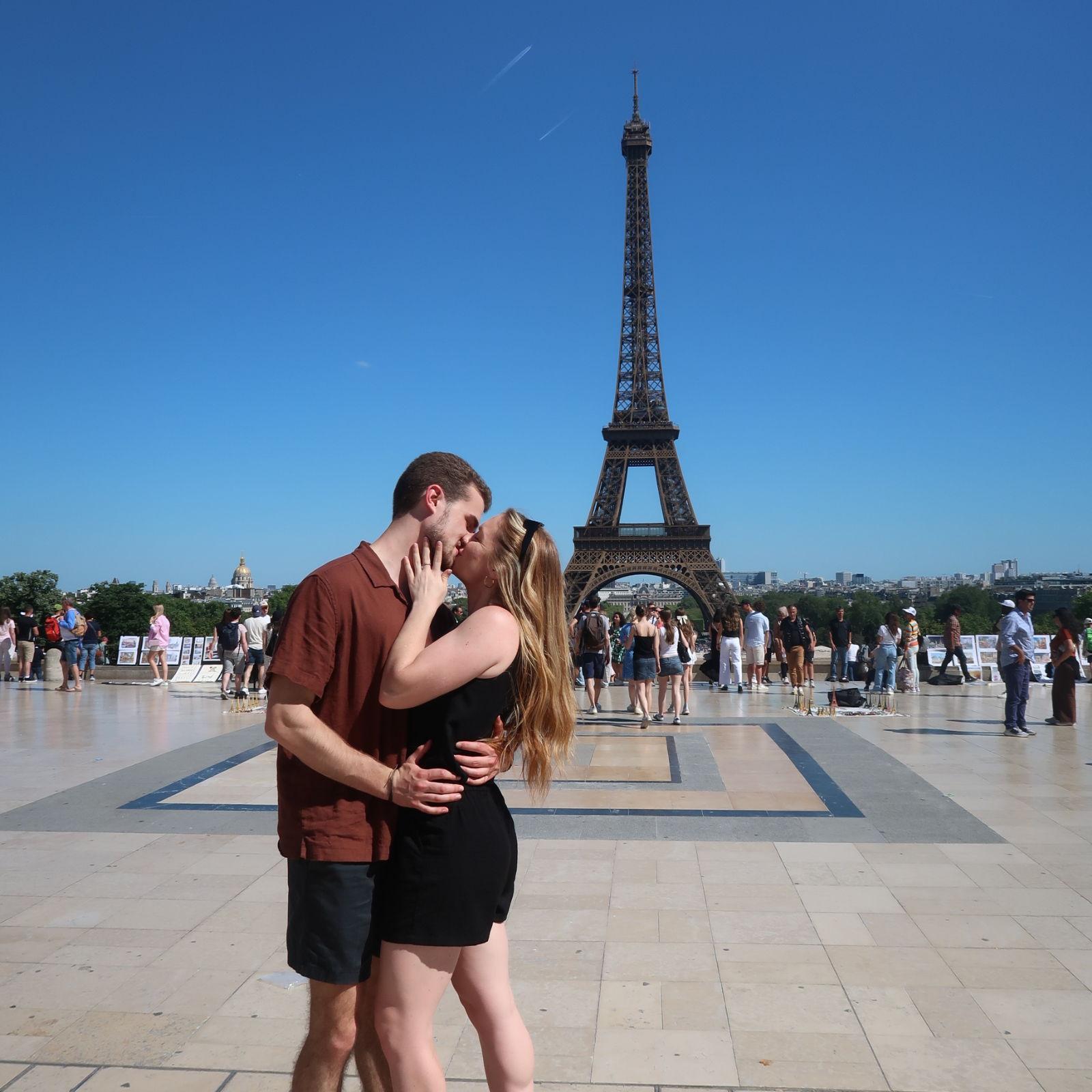 The most surreal moment! Both of our first times seeing the Eiffel Tower!