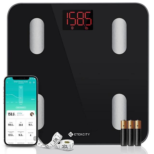 Etekcity Scales for Body Weight, Bathroom Digital Weight Scale for Body Fat, Smart Bluetooth Scale for BMI, and Weight Loss, Sync 13 Data with Other Fitness Apps, Black, 11x11 Inch