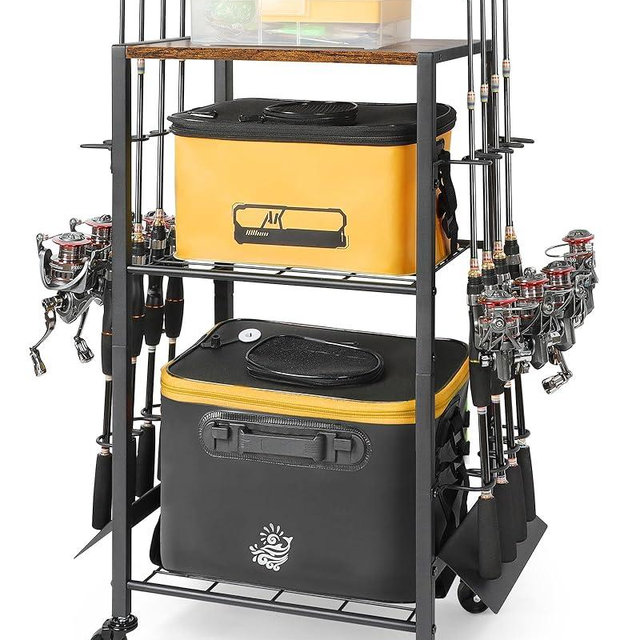 Olakee Fishing Rod Holders, Rolling Fishing Rod Rack for Garage & Boat, Tackle Box & Reel Holder Cart, Easy Assembly Fishing Gear Management System, Ideal Birthday Gift for Men Dad Anglers