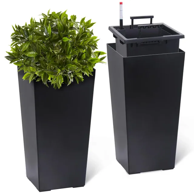 22" Planters Set of 2, Outdoor＆Indoor High Front Porch Planter Pots with Drainage Holes＆Water Level Monitor＆Inner Bucket, Automatic Watering, Black